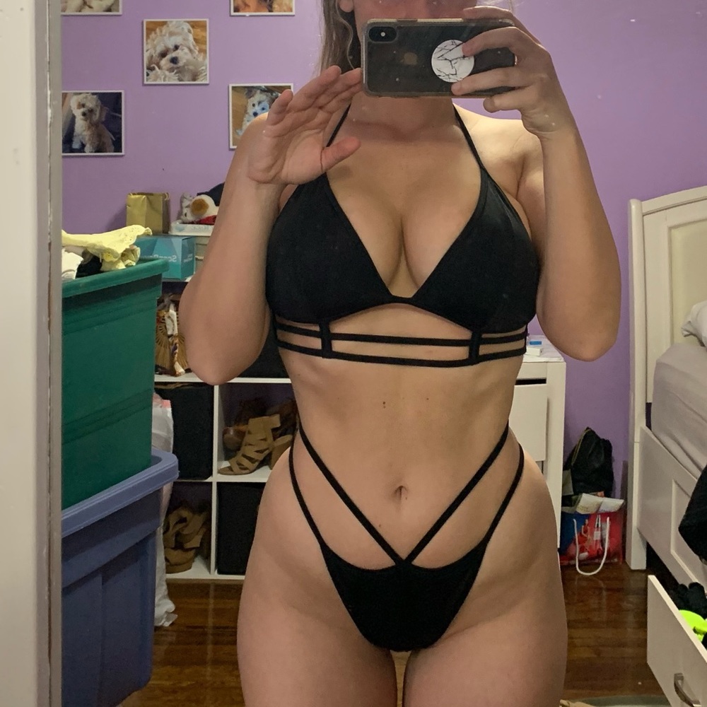 PINK black strappy bikini top